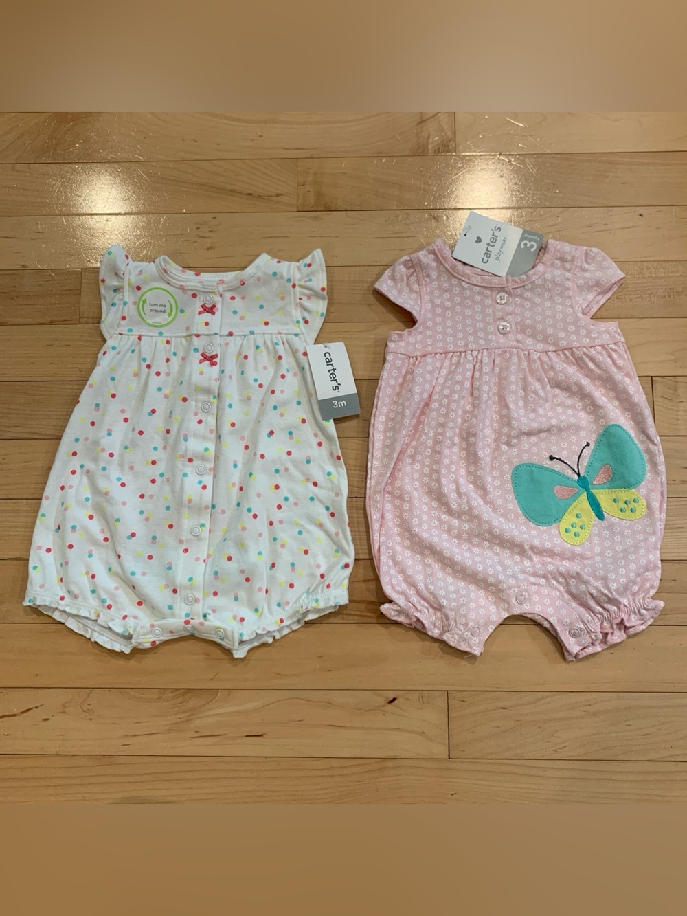 New! Carter's Baby Girl Rompers Size 3 Months Set of 2 Outfits Butterfly Rainbow